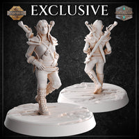 Two unpainted white resin halfling rogue miniatures on textured oval bases shown front and back — front view displays layered armour, raised knee pose and cross-body strap with pouches; rear view reveals a sword scabbard strapped across her back and the detailed texture of her armour and hair