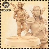 Unpainted cream resin render of a female halfling rogue miniature by M3DM, shown in a confident mid-stride pose with one knee raised, wearing layered pauldrons and buckled greaves, with a short blade at her hip and cross-body pouches; detail close-up inset shows her calm, sharp expression and pointed ears