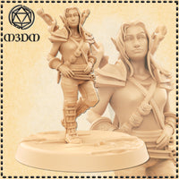 Unpainted cream resin render of a female halfling rogue miniature by M3DM, shown in a confident mid-stride pose with one knee raised, wearing layered pauldrons and buckled greaves, with a short blade at her hip and cross-body pouches; detail close-up inset shows her calm, sharp expression and pointed ears