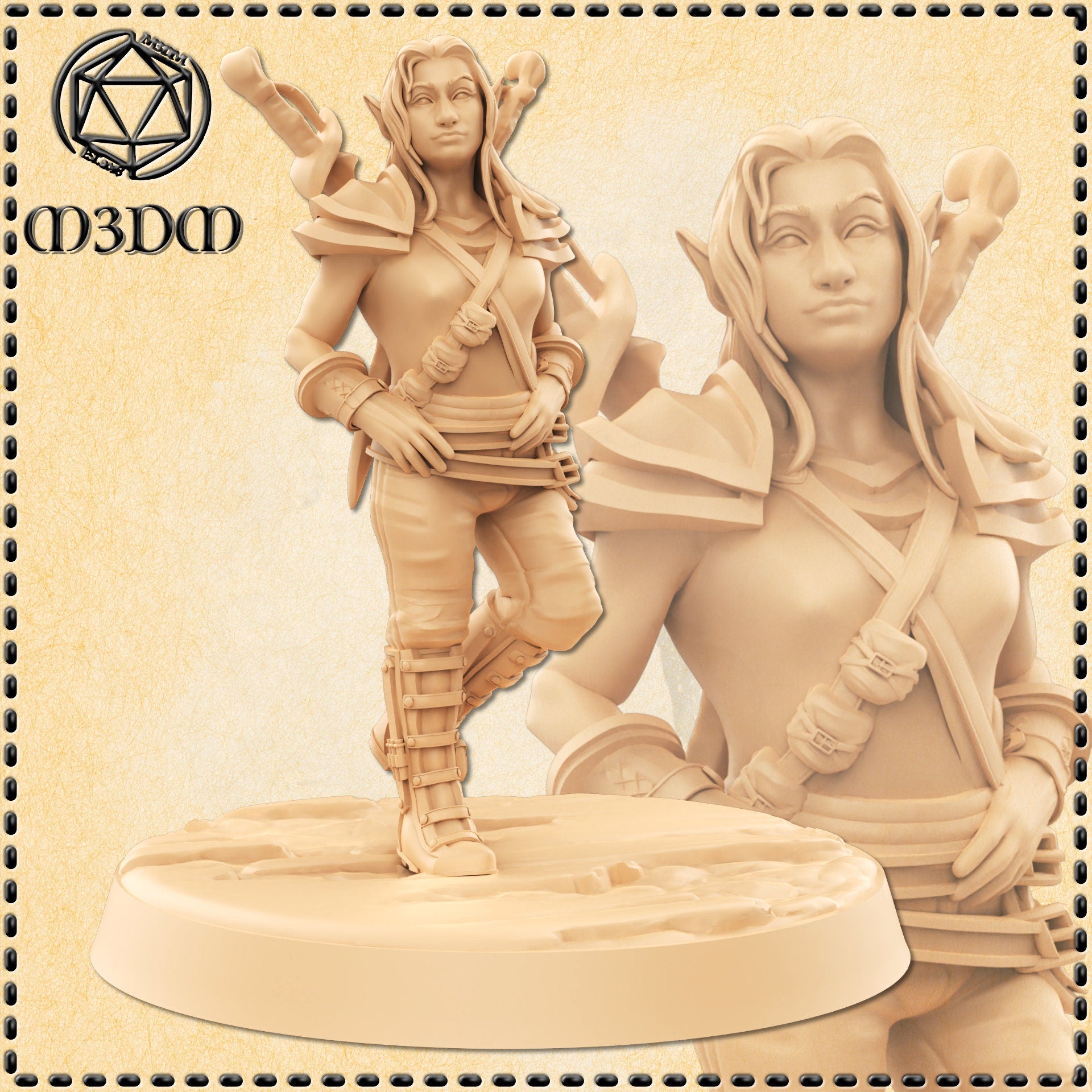 Unpainted cream resin render of a female halfling rogue miniature by M3DM, shown in a confident mid-stride pose with one knee raised, wearing layered pauldrons and buckled greaves, with a short blade at her hip and cross-body pouches; detail close-up inset shows her calm, sharp expression and pointed ears