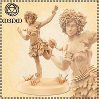 Digital render of an unpainted Autumn Elf miniature at 32mm scale, posed mid-dance with one leg raised and both arms extended. She wears a leaf-covered bodice and skirt made from layered maple and oak shapes, with curly hair interwoven with foliage. The base features upright crystal shards and wild grass tufts.