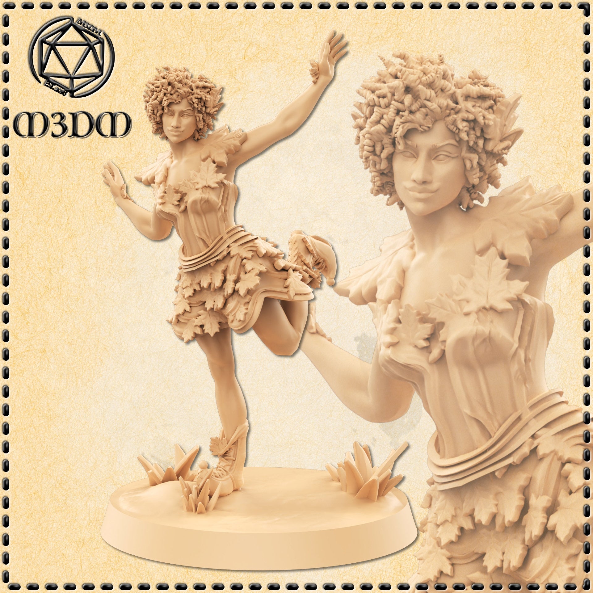 Digital render of an unpainted Autumn Elf miniature at 32mm scale, posed mid-dance with one leg raised and both arms extended. She wears a leaf-covered bodice and skirt made from layered maple and oak shapes, with curly hair interwoven with foliage. The base features upright crystal shards and wild grass tufts.