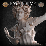 Close-up digital render of the Autumn Elf's face and upper torso, showing fine facial detail including a confident smile, pointed ears, and curly hair woven with leaf and bud textures. Large maple leaf details are visible across her chest and shoulders, with one arm extended into frame.