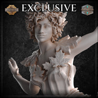 Close-up digital render of the Autumn Elf's face and upper torso, showing fine facial detail including a confident smile, pointed ears, and curly hair woven with leaf and bud textures. Large maple leaf details are visible across her chest and shoulders, with one arm extended into frame.