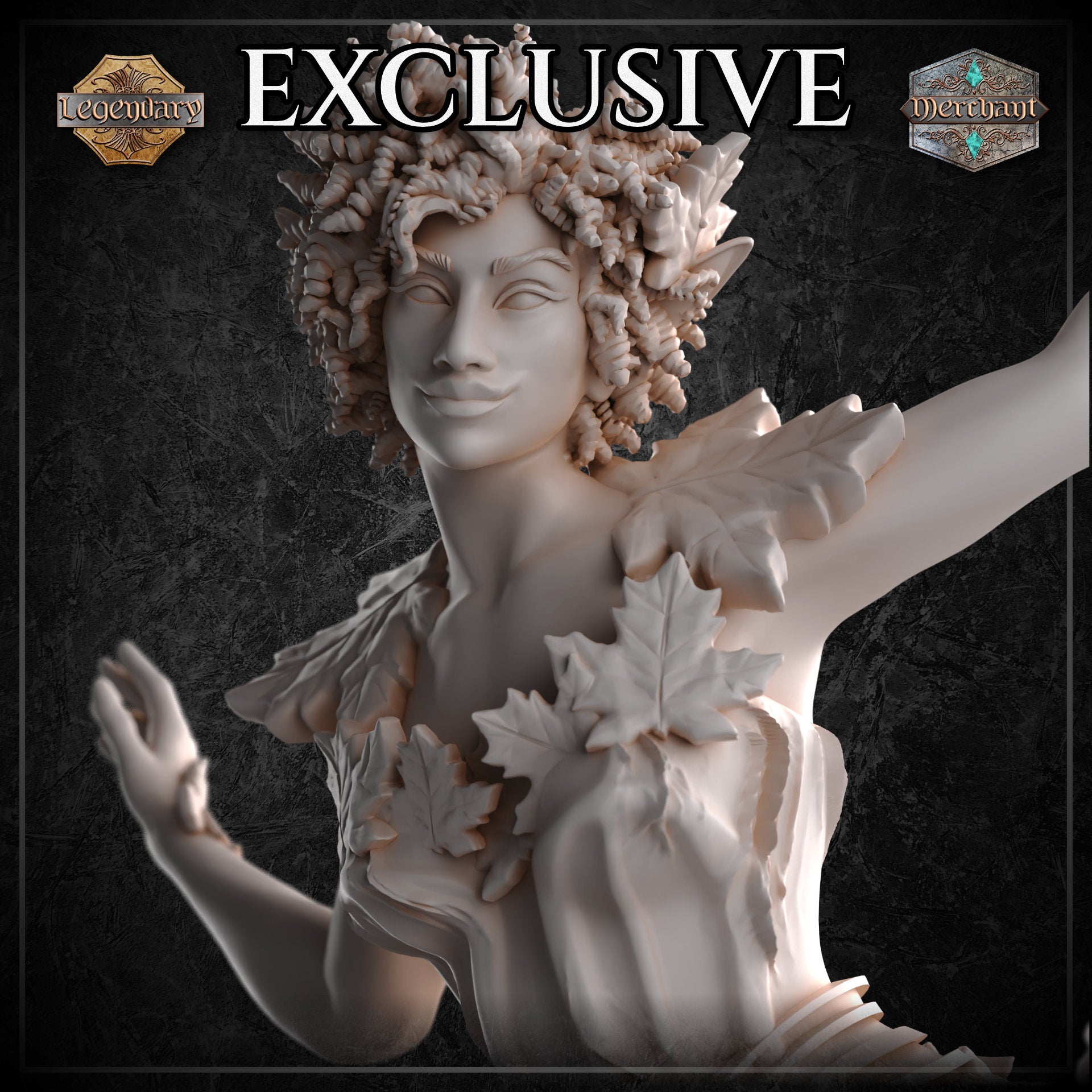 Close-up digital render of the Autumn Elf's face and upper torso, showing fine facial detail including a confident smile, pointed ears, and curly hair woven with leaf and bud textures. Large maple leaf details are visible across her chest and shoulders, with one arm extended into frame.