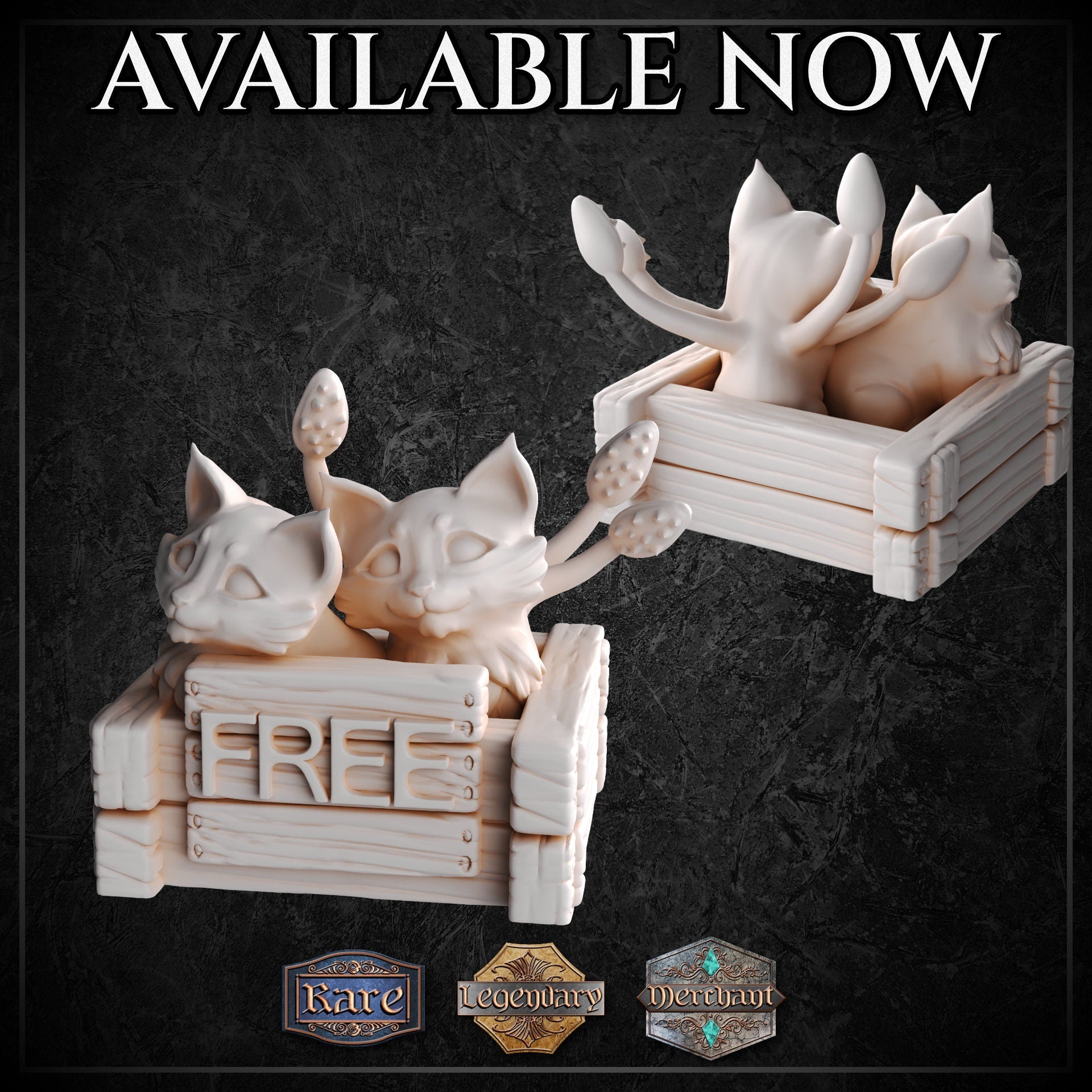 Two unpainted white resin displacer beast kitten miniatures shown side by side — the left variant features two cubs bundled together in the crate, while the right variant shows a single cub sprawling over the edge with tentacles extended. Rarity badges for Rare, Legendary, and Merchant are visible at the bottom.