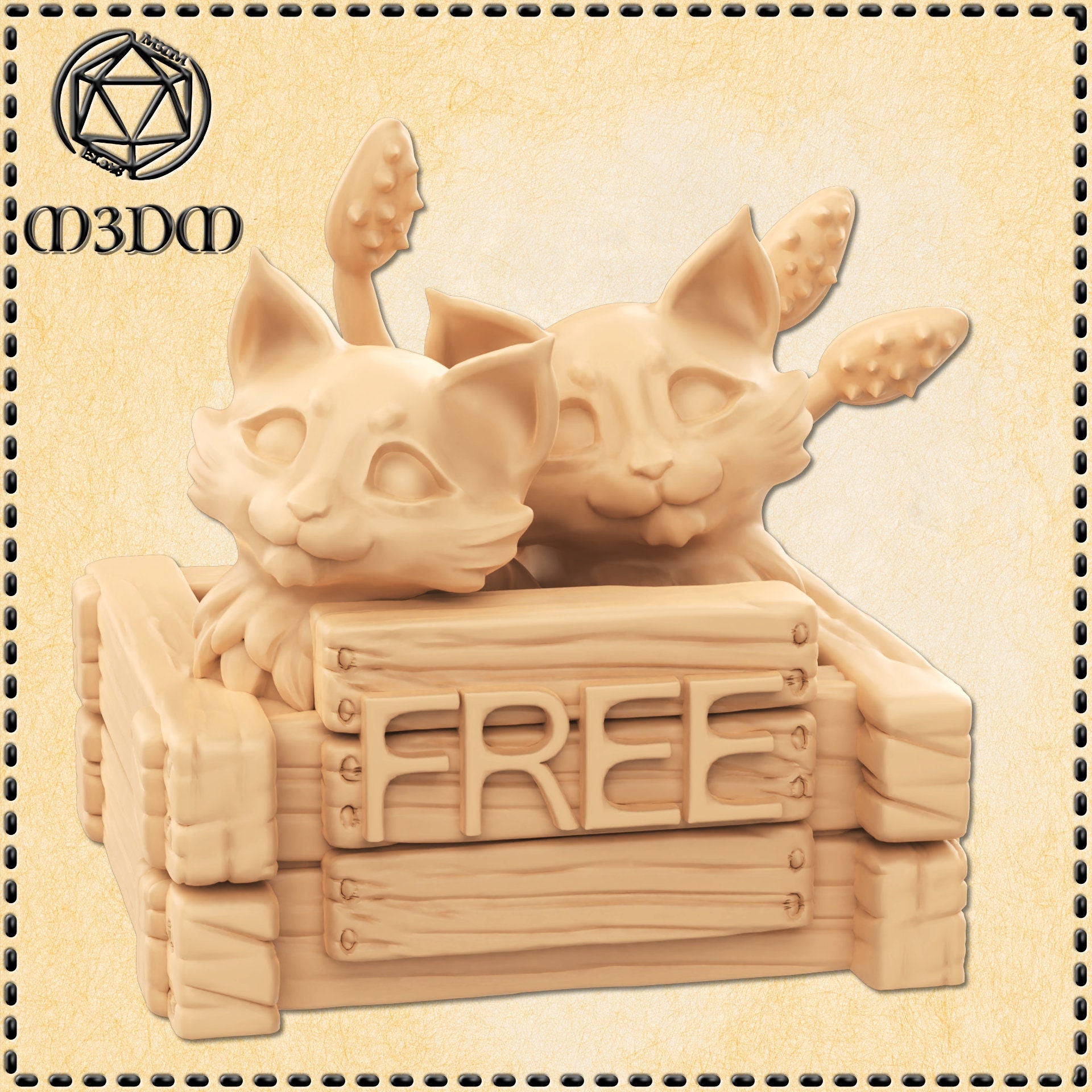 Digital render of two displacer beast kittens in an unpainted resin beige colourway, both cubs peering over the top of a rough wooden crate with a carved 'FREE' sign on the front. Each kitten has six legs and two club-tipped tentacles rising behind them.