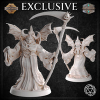 Two views of the unpainted Hell Commander Devil miniature — front view showing winged devil with skull-crowned scythe and ornate robes, and rear view revealing detailed back armour, bat wings, and inscribed hem, on a round flat base