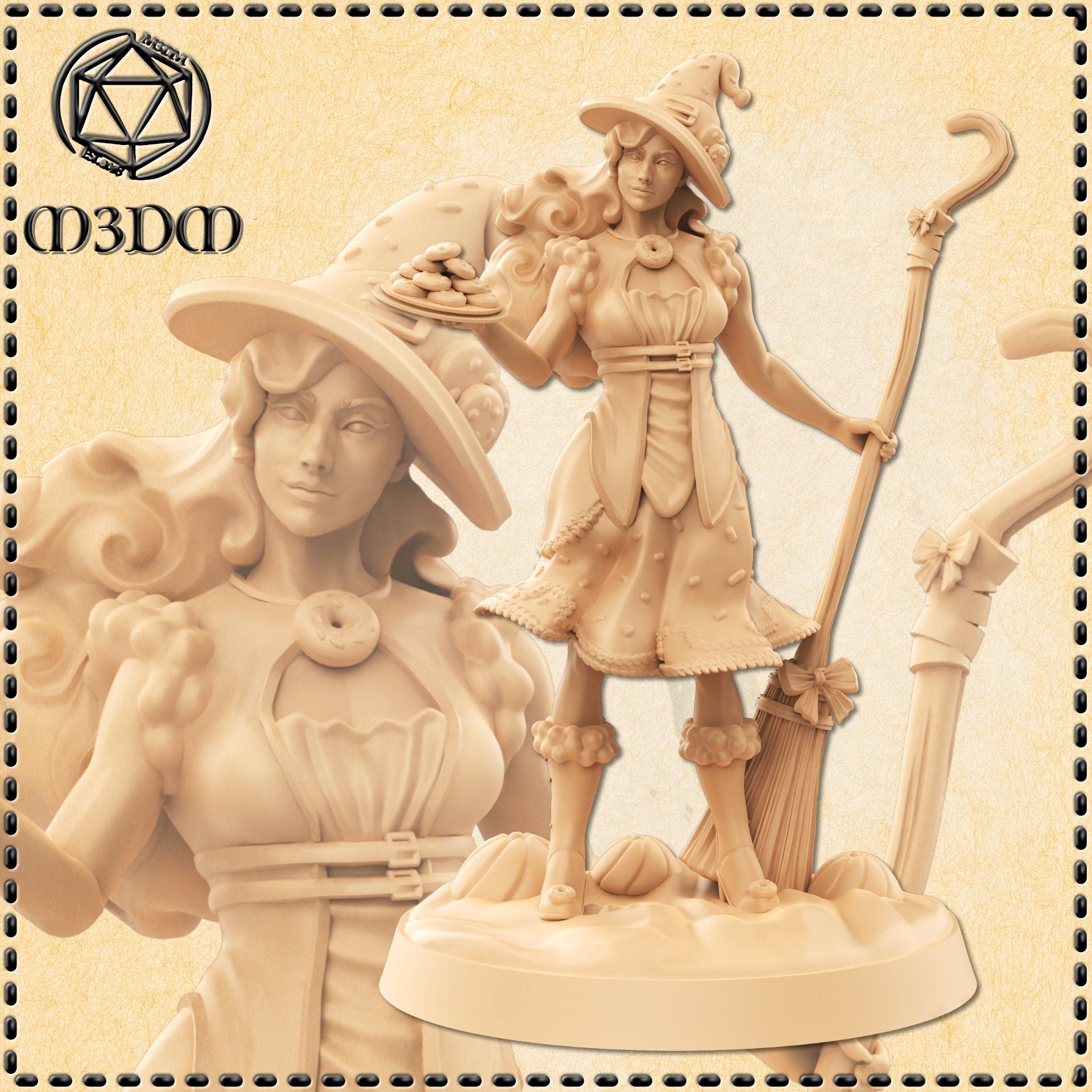 Unpainted beige resin render of the Dessert Witch miniature by Mia Kay M3DM — a female witch in a wide-brimmed hat standing on a pumpkin base, holding a plate of iced biscuits in one hand and a hooked staff in the other, with a ribbon-tied broomstick beside her and a donut brooch at her collar