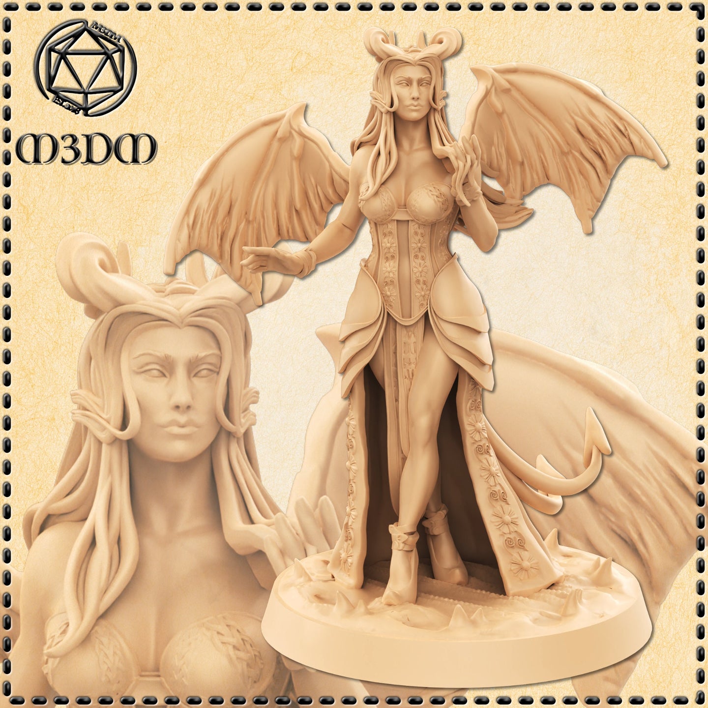 Digital render of an unpainted succubus miniature by M3DM — a winged female fiend standing tall with bat wings spread, curled demon horns, ornate scrolled corset, floral-engraved split robe, one hand raised mid-enchantment, on a rubble scatter base. Close-up inset shows detailed facial expression and flowing hair.