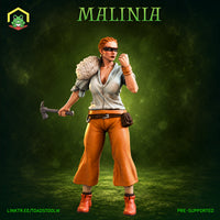 Malinia by The Toadstool Weaver — a red-haired woman in wide amber trousers and red boots, wearing a black domino mask, holding a hatchet in her left hand with her right fist raised in a fighting stance, a sack slung over one shoulder.