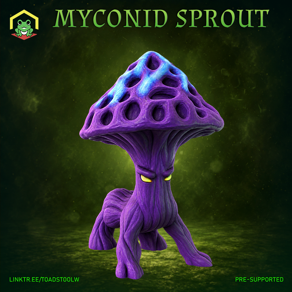 Myconid Sprout miniature by The Toadstool Weaver — squat fungal creature with a wide latticed purple cap, glowing blue pore-holes, fibrous stalk body, root-like legs, and fierce yellow eyes.