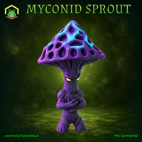 Myconid Sprout miniature by The Toadstool Weaver — small fungal creature standing upright, arms crossed, with a latticed hollow-pitted mushroom cap and glowing yellow eyes.