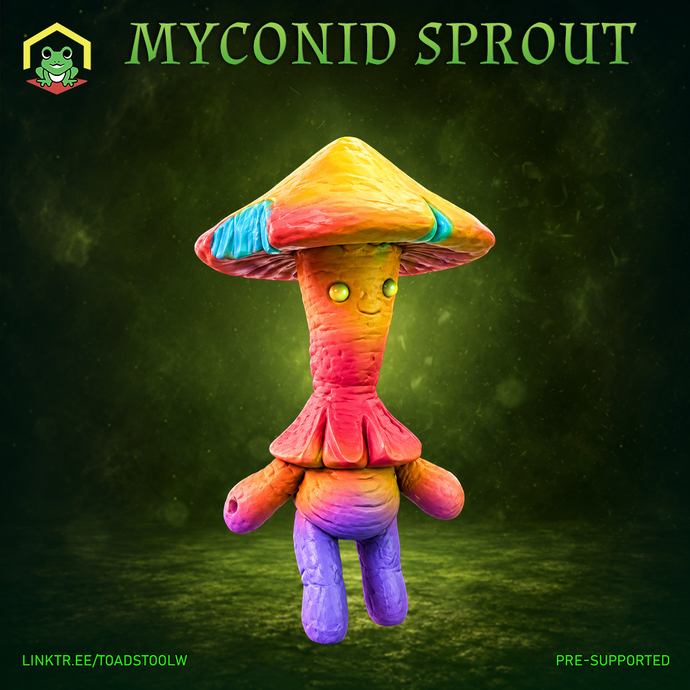 Myconid Sprout miniature by The Toadstool Weaver — small upright fungal humanoid with a wide conical mushroom cap, rounded stub arms and legs, layered skirt-like gills, and wide glinting eyes with a subtle smile.