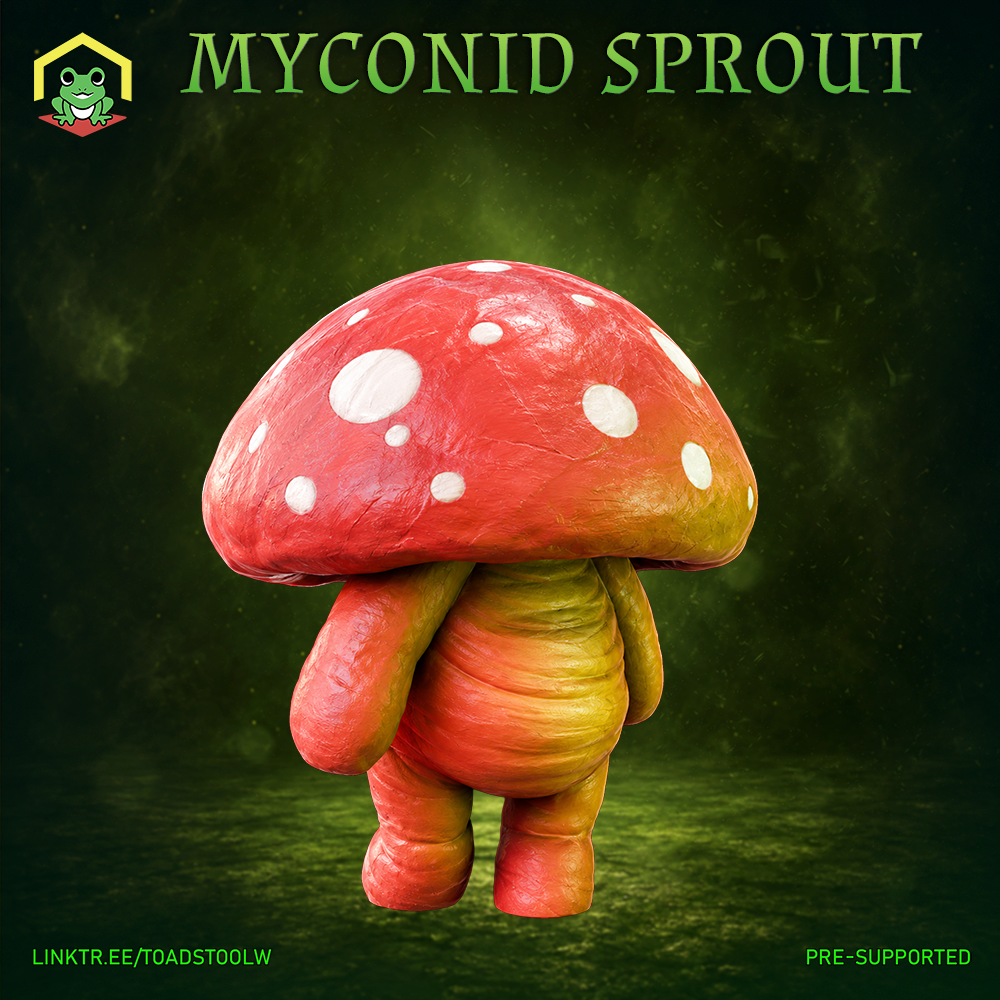 Chubby myconid sprout miniature with a large red and white spotted mushroom cap, short stubby arms and legs, and a segmented rounded stalk body. Sculpt by The Toadstool Weaver.