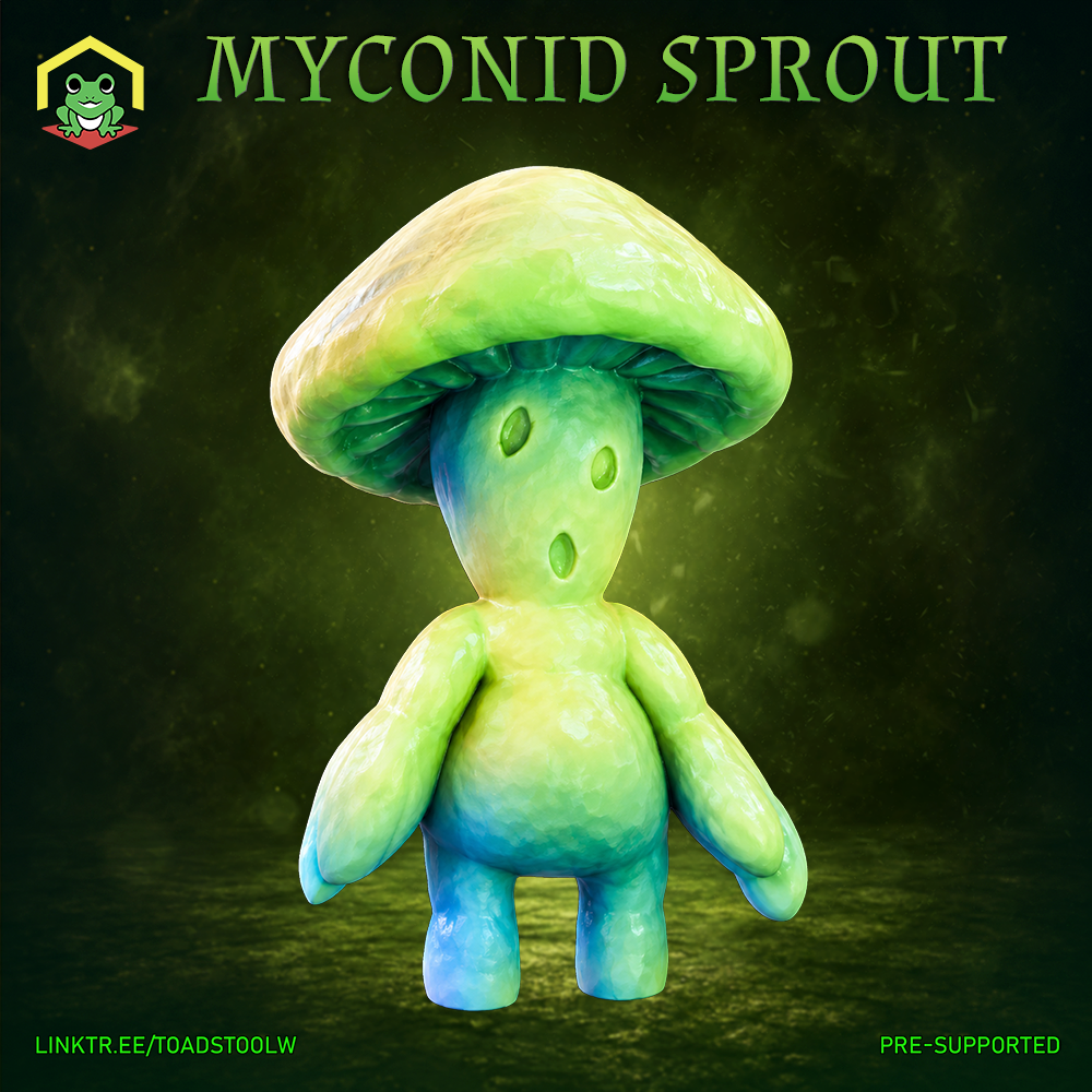 Chubby, upright Myconid Sprout miniature with a wide domed cap, stubby arms held outward, spore-hole facial features, and rounded stocky legs. Sculpt by The Toadstool Weaver.