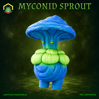 Chubby, stalk-legged myconid sprout with a wide layered mushroom cap and a collar of plump segmented fungal growths. Sculpt by The Toadstool Weaver.