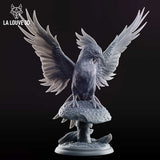 Grey resin 3D printed phoenix miniature by La Louve 3D, perched on a spotted mushroom cap with wings fully spread and beak open, viewed from the front — unpainted 32mm scale tabletop miniature