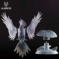 Exploded component view of the La Louve 3D phoenix miniature showing separate parts: bird body, left and right wings, tail feather assembly, mushroom cap, and scenic forest base — unpainted grey resin