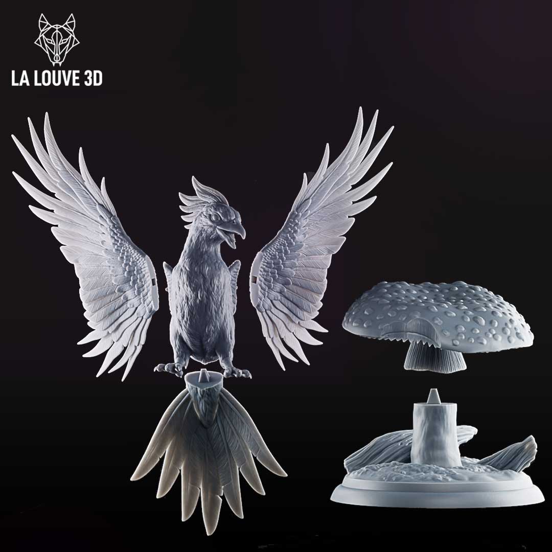 Exploded component view of the La Louve 3D phoenix miniature showing separate parts: bird body, left and right wings, tail feather assembly, mushroom cap, and scenic forest base — unpainted grey resin