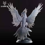 Rear three-quarter view of the La Louve 3D phoenix miniature showing detailed tail feathers, layered back plumage, and outstretched wings perched on a textured mushroom and root base — unpainted grey resin 32mm miniature