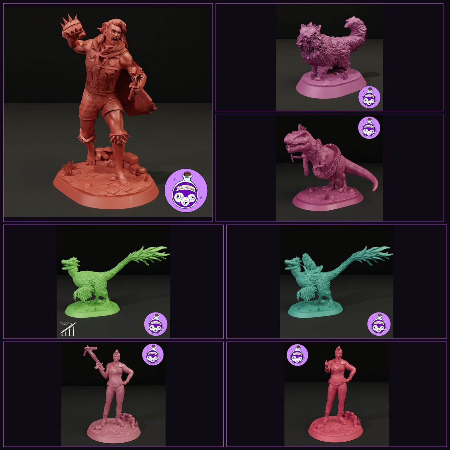 Collage of all five Princess Posse characters from Dungeon Crawler Carl, sculpted at 1:12 display scale by Ella's Arcanum Minis — featuring Dungeon Crawler Carl mid-battle-cry with spiked knuckle weapon, Princess Donut the magnificently fluffy crowned cat with oversized spectacles, Mongo the feathered raptor shown alone and with Princess Donut riding, Big Tina the T-Rex wearing a tiara and holding a sceptre, and Katia Grim in both poses — crossbow raised and defiant. All unpainted resin, printed fresh to or