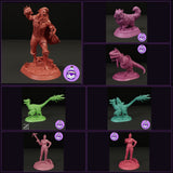 Collage of all five Princess Posse characters from Dungeon Crawler Carl, sculpted at 1:12 display scale by Ella's Arcanum Minis — featuring Dungeon Crawler Carl mid-battle-cry with spiked knuckle weapon, Princess Donut the magnificently fluffy crowned cat with oversized spectacles, Mongo the feathered raptor shown alone and with Princess Donut riding, Big Tina the T-Rex wearing a tiara and holding a sceptre, and Katia Grim in both poses — crossbow raised and defiant. All unpainted resin, printed fresh to or