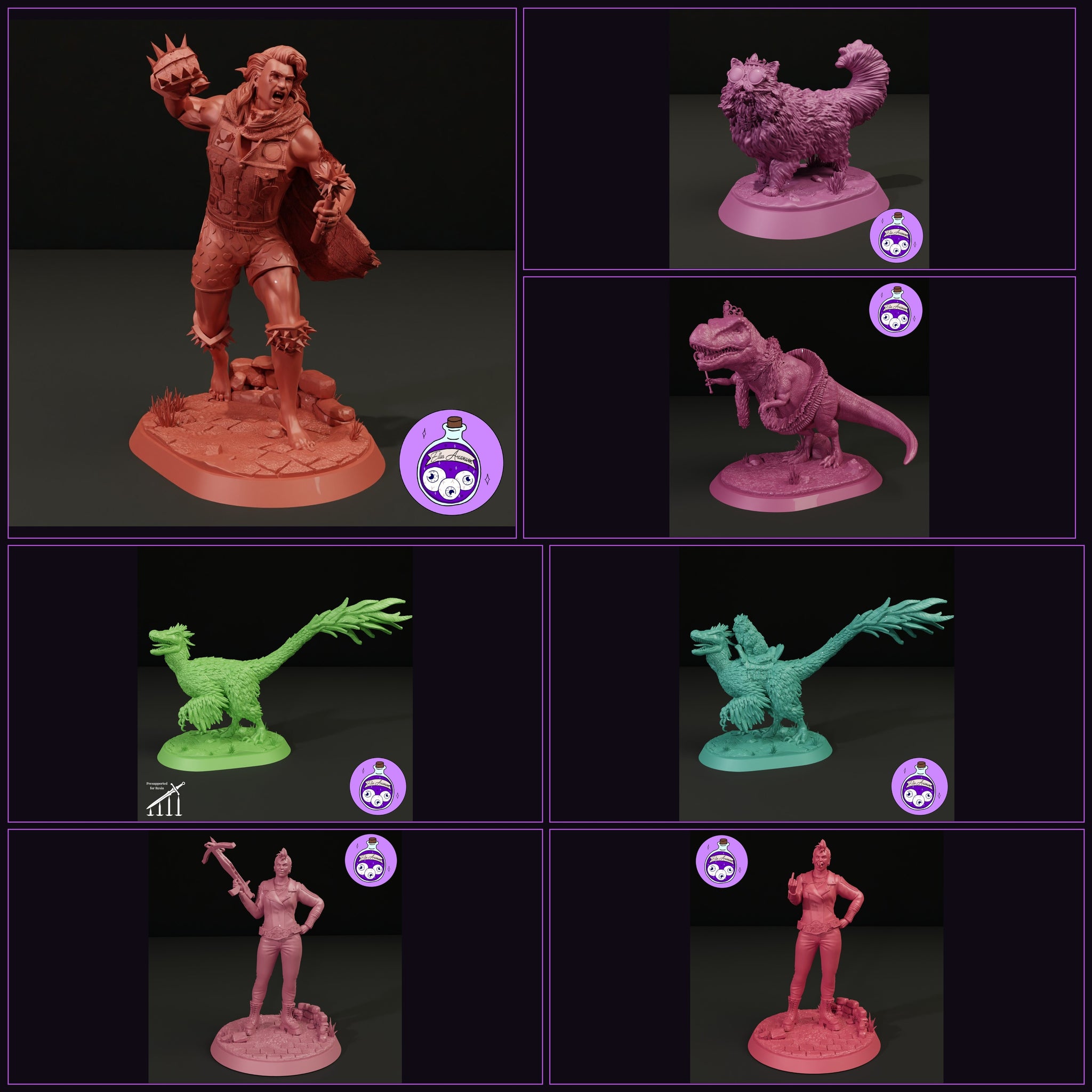 Collage of all five Princess Posse characters from Dungeon Crawler Carl, sculpted at 1:12 display scale by Ella's Arcanum Minis — featuring Dungeon Crawler Carl mid-battle-cry with spiked knuckle weapon, Princess Donut the magnificently fluffy crowned cat with oversized spectacles, Mongo the feathered raptor shown alone and with Princess Donut riding, Big Tina the T-Rex wearing a tiara and holding a sceptre, and Katia Grim in both poses — crossbow raised and defiant. All unpainted resin, printed fresh to or