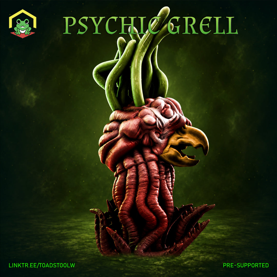 Psychic Grell miniature by The Toadstool Weaver: a floating mass of ridged, fleshy coils with a hooked beak agape, muscular lower tentacles splayed beneath, and long prehensile upper tendrils reaching upward.