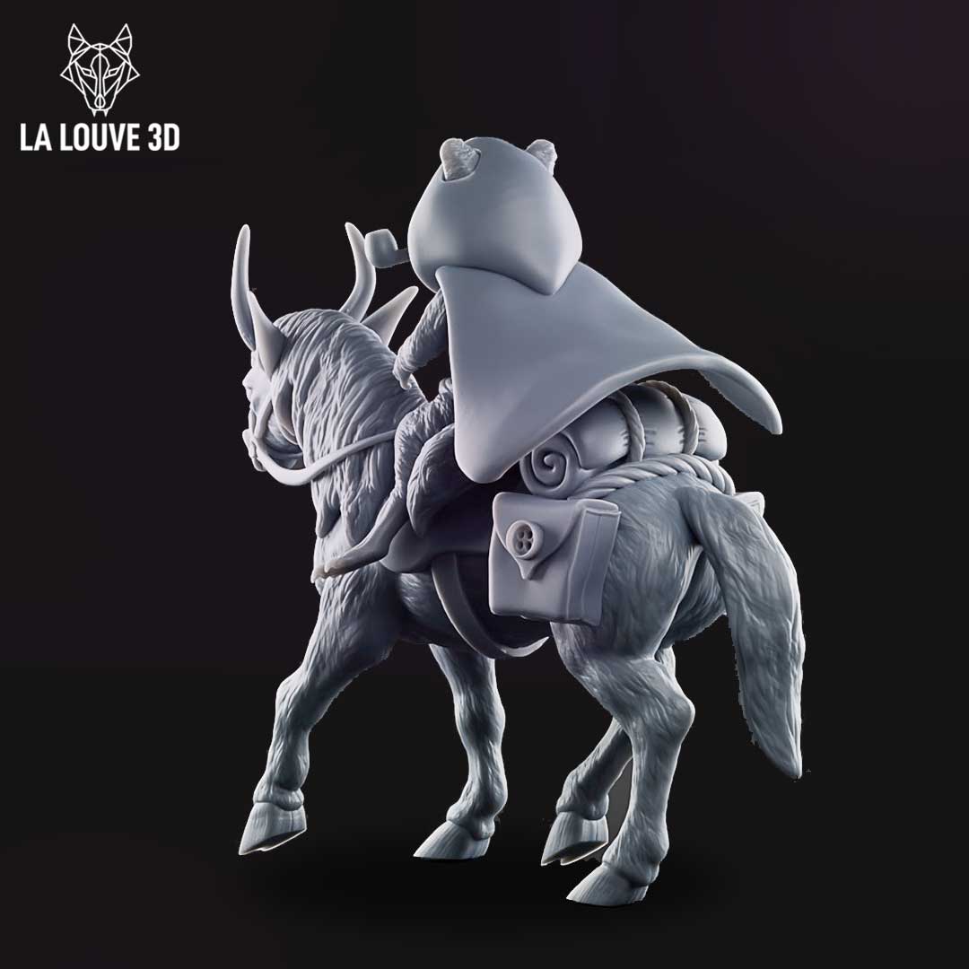 Rear three-quarter view of the raccoon ranger mounted miniature, showing the billowing cloak, rolled bedroll, button-fastened saddlebag, and textured fur of the horned beast — La Louve 3D sculpt