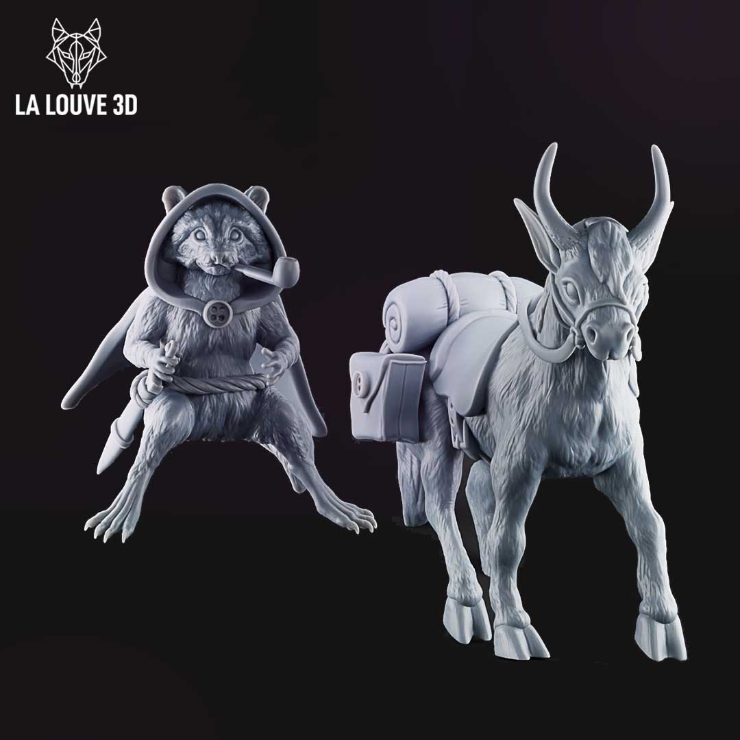 Grey resin render showing the raccoon ranger rider and horned beast mount as two separate components — rider posed seated with pipe, mount loaded with travel gear including bedroll and saddlebag — La Louve 3D