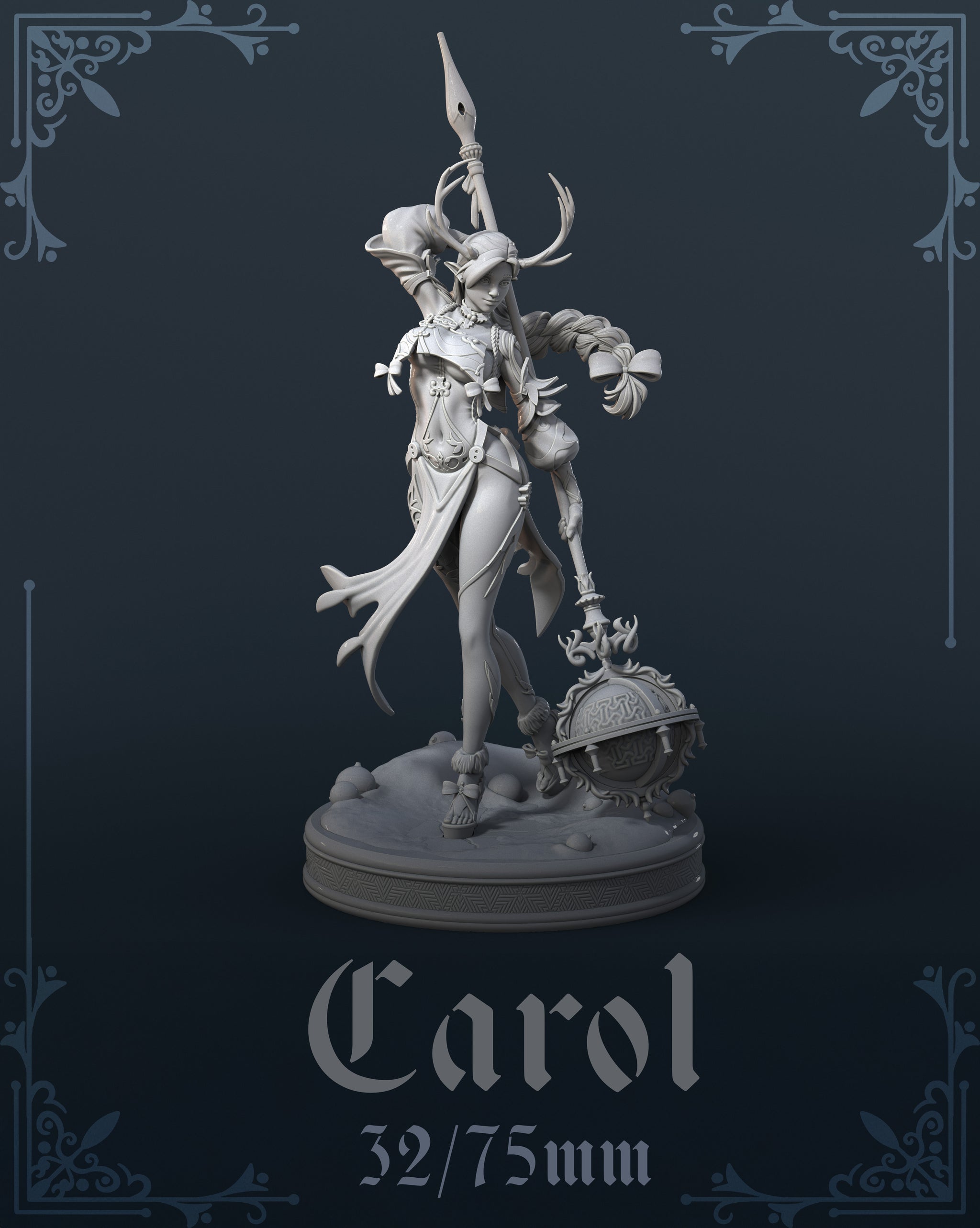 Unpainted grey resin render of Carol the Druid miniature at 32/75mm scale — a female elf druid standing confidently, holding a tall bone-tipped spear aloft in one hand, with a richly engraved Celtic orb on a flaming base resting beside her feet, wearing layered robes, fitted armour with decorative toggles, fur-trimmed ankle wraps, and an antlered headband, with a long braided ponytail adorned with ribbons and bells