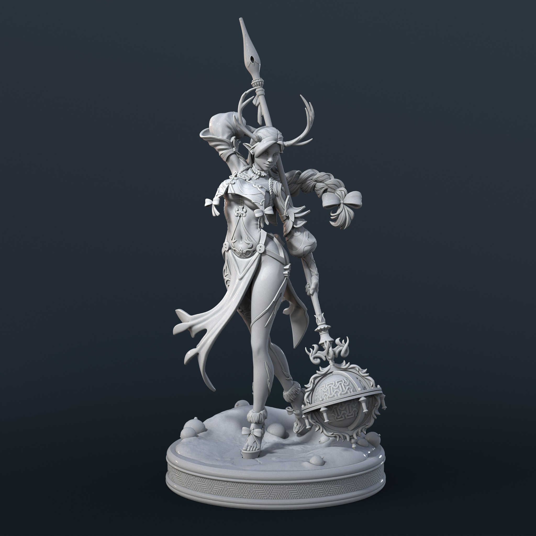 Side-angle unpainted grey resin render of Carol the Druid miniature — showing the dynamic flow of her split cloak and the detailed knotwork engraving on the Celtic orb at her side, with her tall spear raised and her braided hair trailing over one shoulder