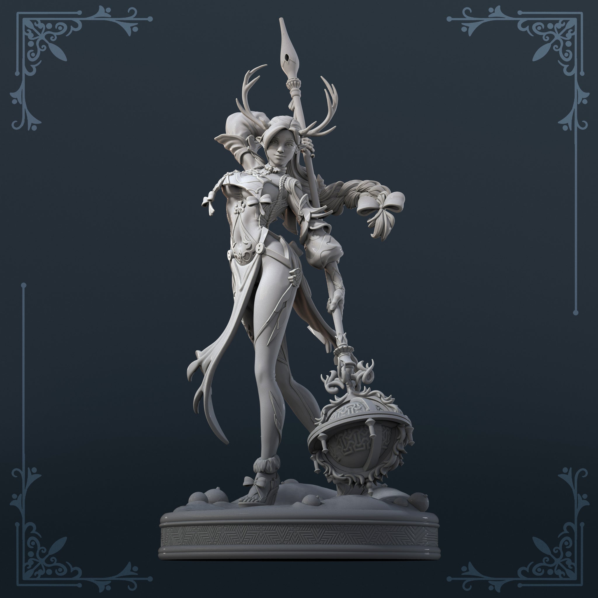 Front-facing unpainted grey resin render of Carol the Druid miniature — full view of her fitted chest armour with bow toggles, layered robes, ornate belt, and the large engraved Celtic globe wreathed in decorative flame tendrils resting on a detailed scenic base