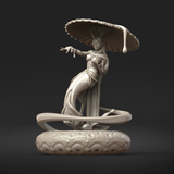 Front view digital render of Naia fey creature miniature — horned female figure in flowing robes and beaded jewellery holding a dripping paper parasol, fish-tail lower body coiling through a spiral tendril on an ornate cloud-patterned base, unpainted grey