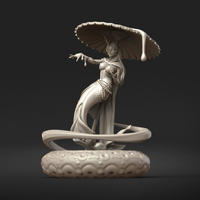 Front view digital render of Naia fey creature miniature — horned female figure in flowing robes and beaded jewellery holding a dripping paper parasol, fish-tail lower body coiling through a spiral tendril on an ornate cloud-patterned base, unpainted grey