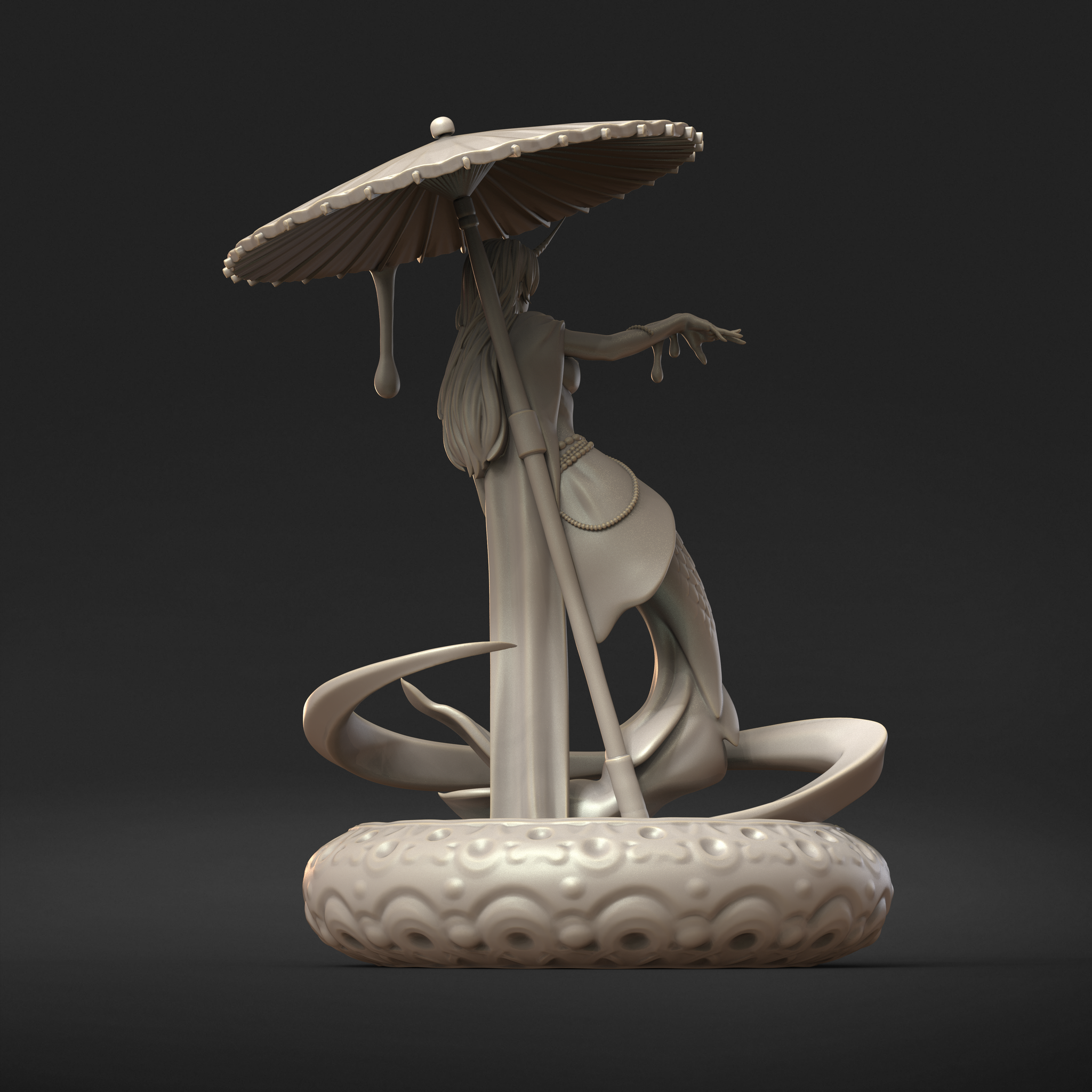 Rear view digital render of Naia fey creature miniature — showing the back of her flowing hair, detailed parasol ribs and handle, fish-tail form with fin detail, and the textured cloud base, unpainted grey