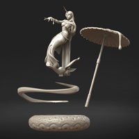Exploded parts view of Naia fey creature miniature showing four separate components: the main figure with horn and extended hand, the paper parasol with dripping edges, the spiral coiling tendril, and the round cloud-patterned base, unpainted grey render