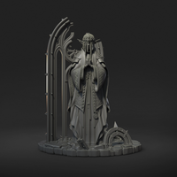 Digital render of Saint Caldria of the Iron Vow, an elven cleric miniature in chainmail and ornate robes, hands clasped in prayer before a detailed gothic archway, with a broken spiked wheel and rubble on the scenic base — front view