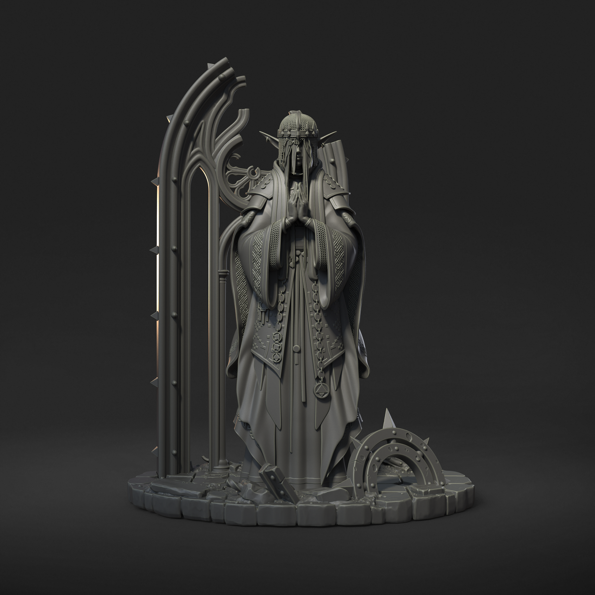Digital render of Saint Caldria of the Iron Vow, an elven cleric miniature in chainmail and ornate robes, hands clasped in prayer before a detailed gothic archway, with a broken spiked wheel and rubble on the scenic base — front view