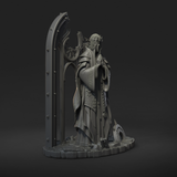 Digital render of Saint Caldria of the Iron Vow elven cleric miniature, three-quarter side view showing the gothic arch framing, layered robes with knotwork detail, visored helm with ear guards, and debris-strewn stone base