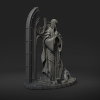 Digital render of Saint Caldria of the Iron Vow elven cleric miniature, three-quarter side view showing the gothic arch framing, layered robes with knotwork detail, visored helm with ear guards, and debris-strewn stone base