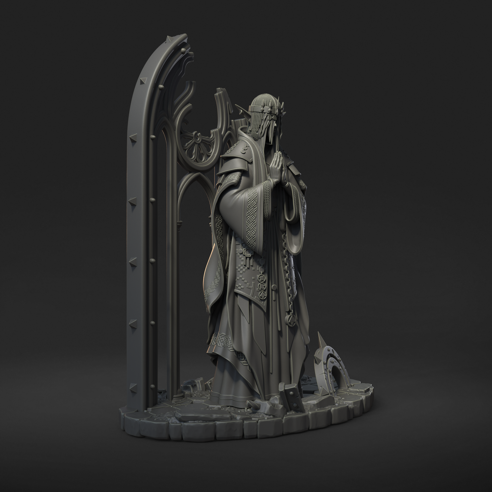 Digital render of Saint Caldria of the Iron Vow elven cleric miniature, three-quarter side view showing the gothic arch framing, layered robes with knotwork detail, visored helm with ear guards, and debris-strewn stone base