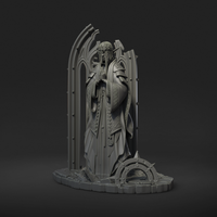 Digital render of Saint Caldria of the Iron Vow, rear three-quarter view highlighting the full height of the twin gothic arches, spiked detailing on the arch pillars, heavy shoulder armour, and the fallen relic wheel on the diorama base