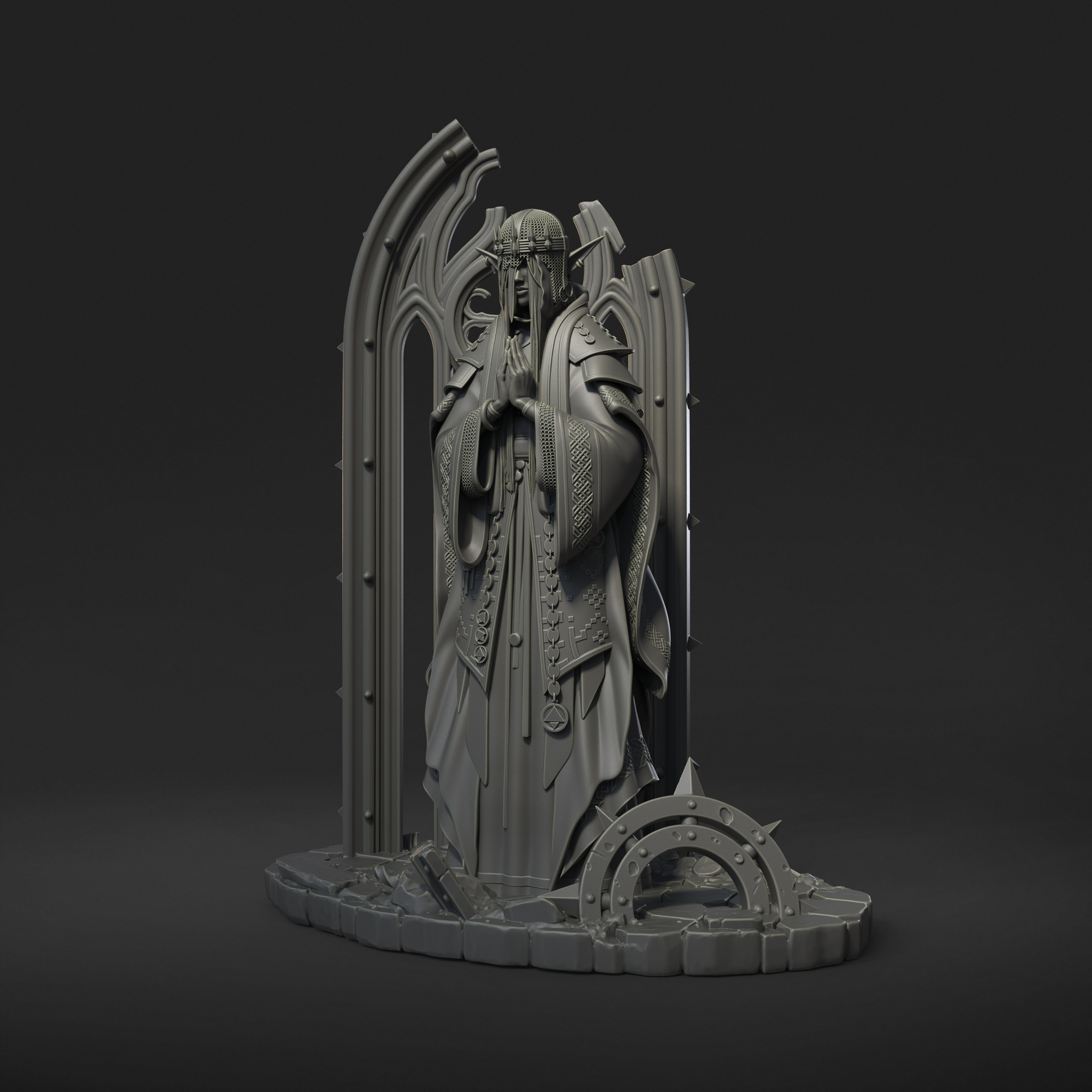 Digital render of Saint Caldria of the Iron Vow, rear three-quarter view highlighting the full height of the twin gothic arches, spiked detailing on the arch pillars, heavy shoulder armour, and the fallen relic wheel on the diorama base