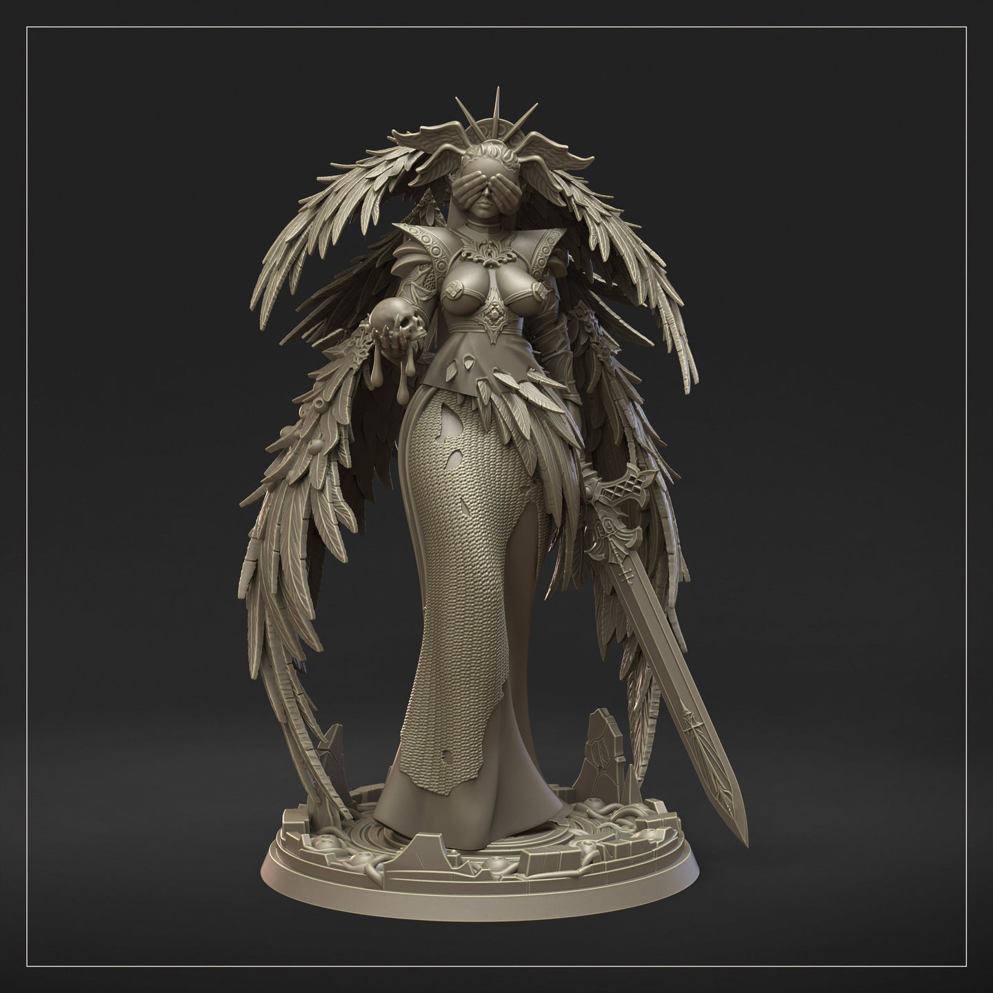 Rear view of the same winged angel miniature, wings fully spread to reveal a fearsome demonic face sculpted into the feather crown. Spiked halo visible above. Decorative ruined stone base. By Dungeons & Maidens.