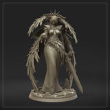 Rear view of the same winged angel miniature, wings fully spread to reveal a fearsome demonic face sculpted into the feather crown. Spiked halo visible above. Decorative ruined stone base. By Dungeons & Maidens.