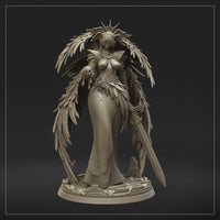 Rear view of the same winged angel miniature, wings fully spread to reveal a fearsome demonic face sculpted into the feather crown. Spiked halo visible above. Decorative ruined stone base. By Dungeons & Maidens.