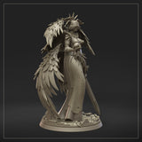 Close detail render of Seraph Ophiel miniature, emphasising the feathered wing layers, spiked halo, and armour relief work across the breastplate. Sculpted by Dungeons & Maidens.
