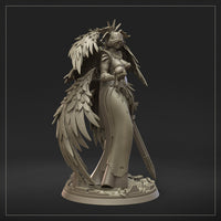 Close detail render of Seraph Ophiel miniature, emphasising the feathered wing layers, spiked halo, and armour relief work across the breastplate. Sculpted by Dungeons & Maidens.